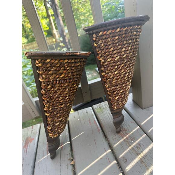 Set of 2 wicker wall shelves sconces plant holders display jute wood pair hang - Picture 16 of 16